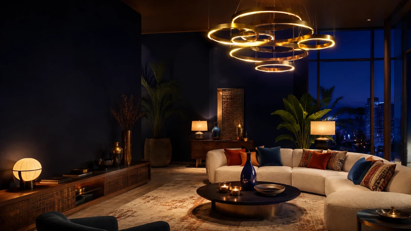 Salon contemporain bleu nuit éclairé par un lustre doré